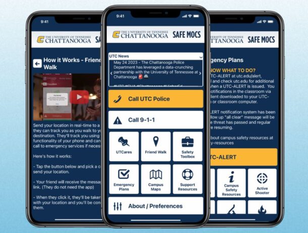 Three phone images displaying the user interface of the Safe Mocs application.