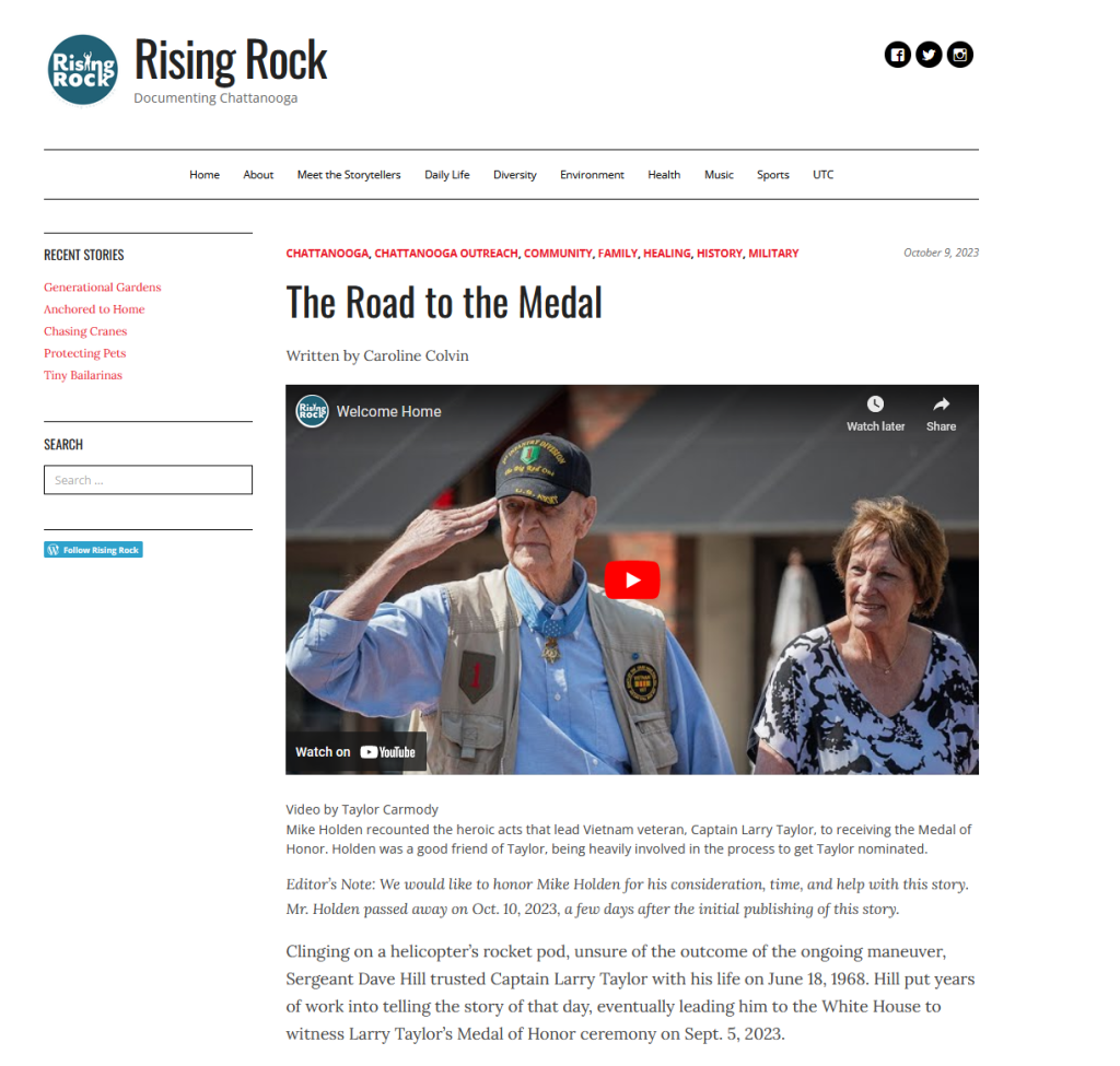 Screenshot of "The Road to the Medal" story on RisingRock.net.