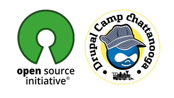 Open Source Initiative and ChaDUG's Drupal logo paired together.