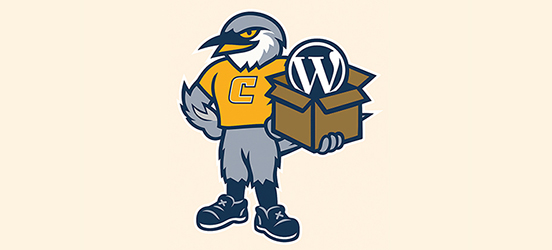 Illustration of Scrappy holding a cardboard box with a W WordPress logo in the box.