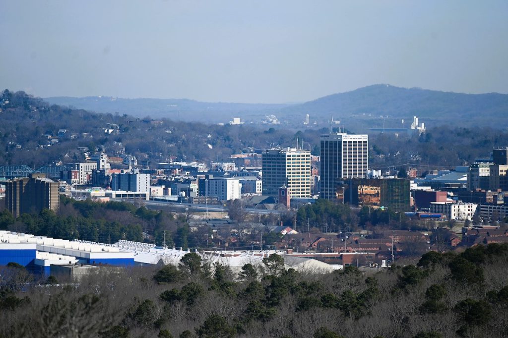 A view of the Downtown Chattanooga skyline as seen from the opposite side of the Tennessee River.