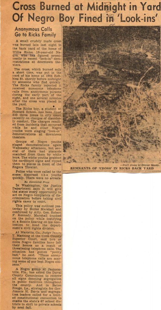 Cross Burned At Midnight In Yard Of Negro Boy Fined In 'Look-Ins' clipping. Courtesy of the Chattanooga Public Library and University of Tennessee at Chattanooga Special Collections.