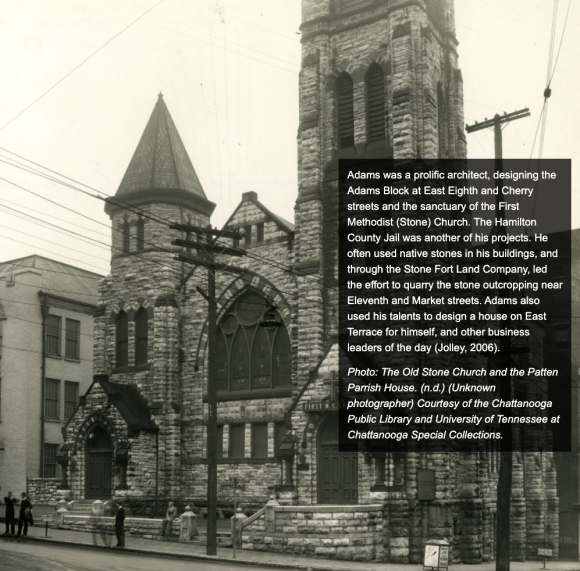 Photograph of the Old Stone Church and the Patten Parrish House. 