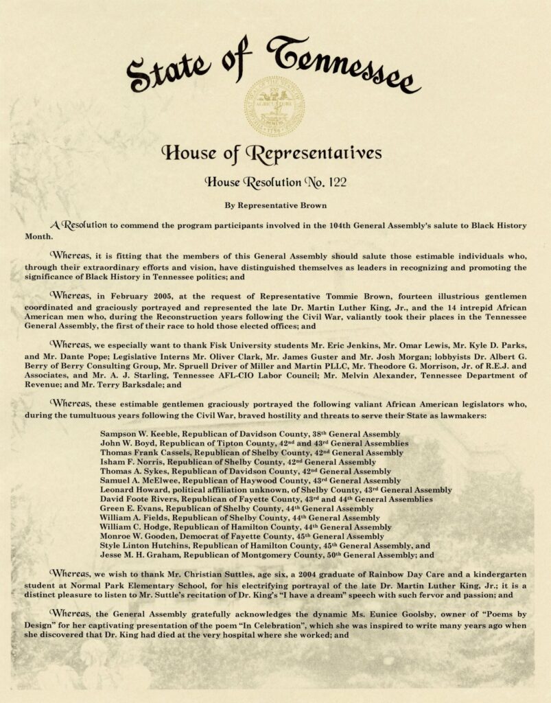 Page one of Tennessee House Resolution No. 122 for the 104th General Assembly to commend the participants in Black History Month.