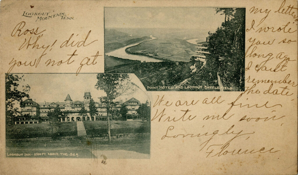 A letter written on the front of a postcard around two images of the Lookout Inn and the Point Hotel on Lookout Mountain, Tennessee.