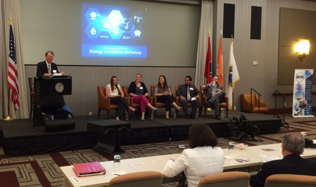 Dr. Lynn Orr, the US Department of Energy Undersecretary for Energy and Science moderating the student panel. UTC Computational Science and Engineering PhD candidate David Callao is seated second from the right. The other graduate students are from right to left Jeff Beegle, PhD Candidate, The Bredesen Center, University of Tennessee, Knoxville David Callao, PhD Candidate, University of Tennessee, Chattanooga Anne Mallow, PhD Candidate, Georgia Institute of Technology Annette Bodenheimer, PhD Candidate, North Carolina State University Mallory Ladd, PhD candidate, The Bredesen Center, University of Tennessee, Knoxville
