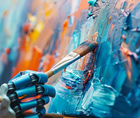 Robotic arm holding a paintbrush creating art, showing creative