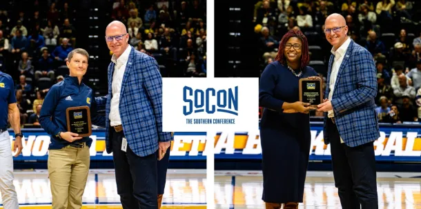 Image on left of Dr. Betsy Myers holding plaque and posing with Southern Conference Commissioner Michael Cross. Image on right of Brandalyn Shropshire holding plaque and posing with Southern Conference Commissioner Michael Cross.