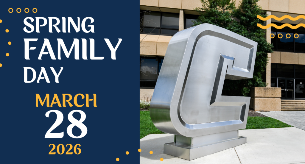 Flyer for Spring Family Day. On right half of flyer, silver power C. On left half of flyer text saying "Spring Family Day, March 28th, 2026"