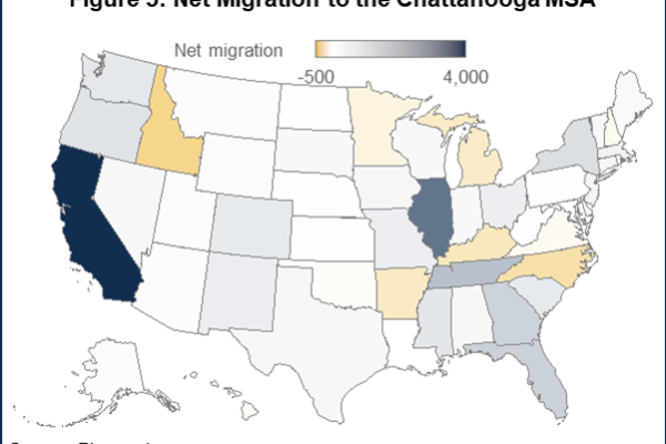 map showing net in-migration to Chattanooga