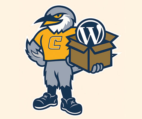 Illustration of scrappy with WordPress logo in a cardboard box.