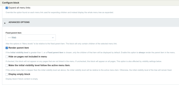 The Advanced Options accordion is open to show default menu properties to show that the "Render parent item" checkbox needs to be checked.