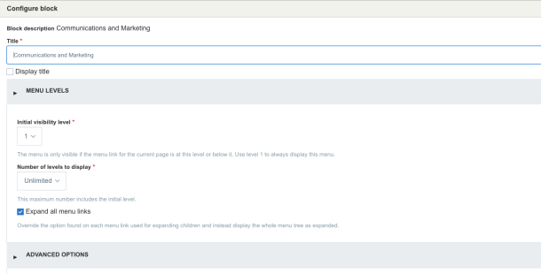 Menu levels accordion is open to show default menu properties to show that the "Expand all menu links" checkbox needs to be checked.