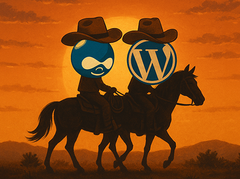 Drupal and wordpress logo in cowboy hats riding into the sunset.