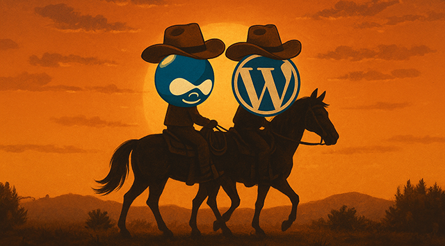 Drupal and wordpress logo in cowboy hats riding into the sunset.