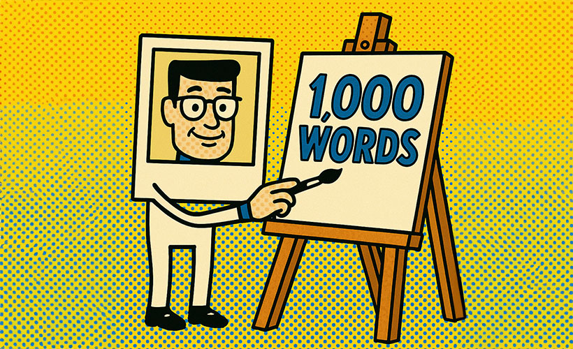 A pop-art illustration of a polaroid painting 1,000 words on canvas.