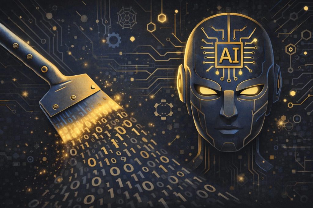 AI bot with a scraper filtering 0s and 1s binary code.