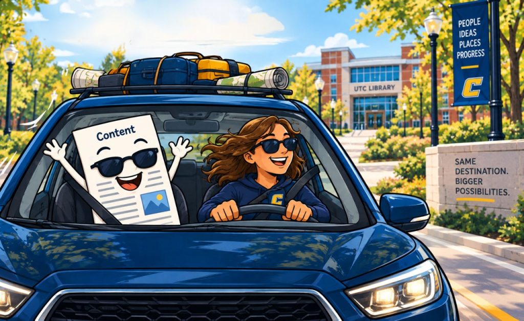 Cartoon girl and content riding together in a blue car on UTC Campus.