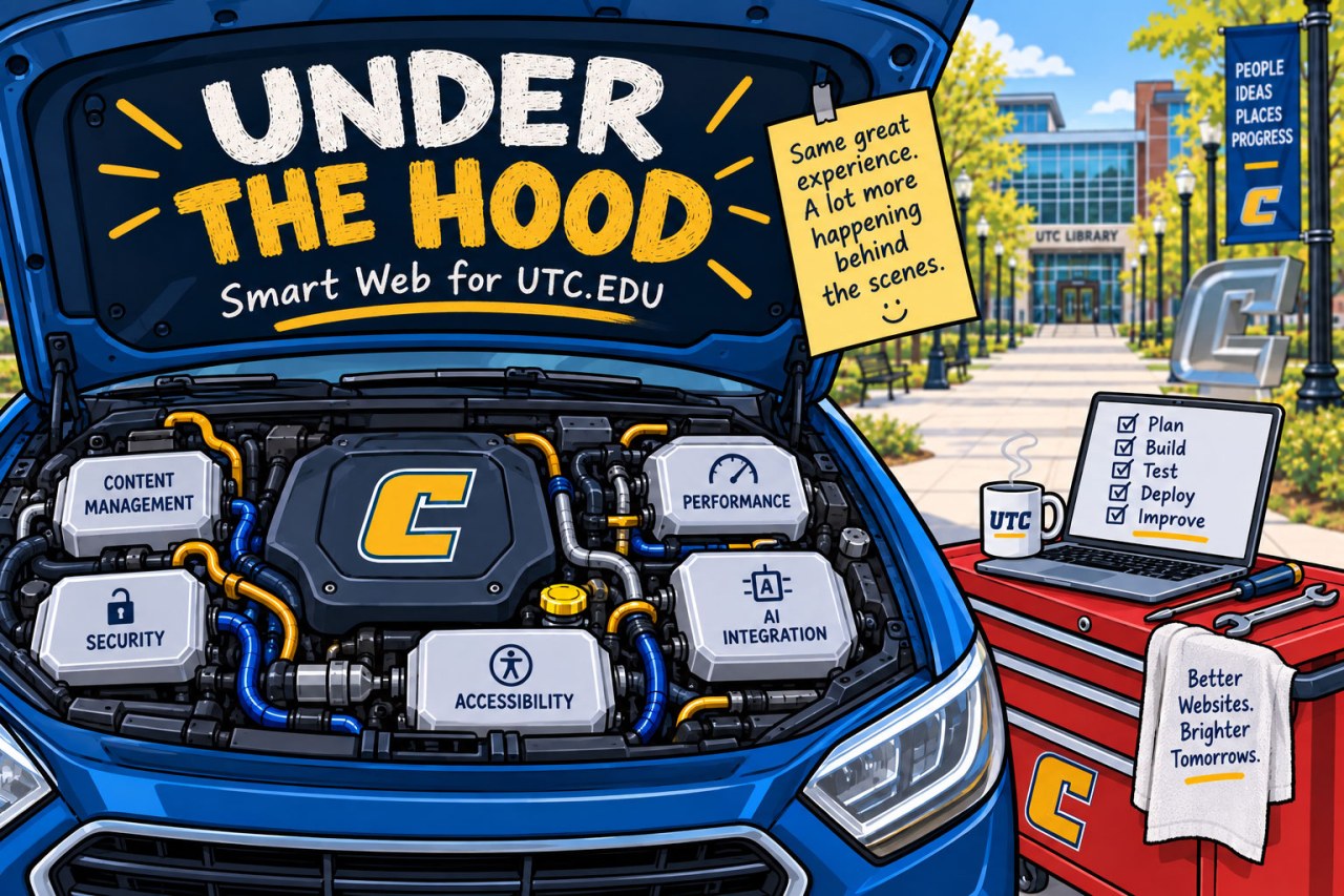Cartoon car with hood up with a power c and web features like content management, security, performance, AI integration, and accessibility.