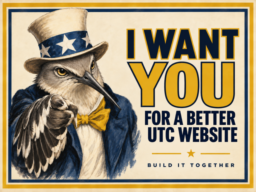 UTC rendition of Uncle Sam's I Want You poster with mockingbird and blue and gold colors.
