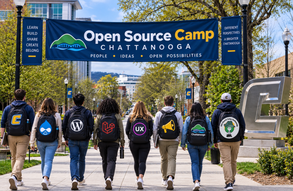 Eight students with various logos on thier backpack headed toward the UTC Library for open source camp.