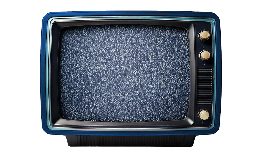 Old 60s style tv with blue casing and gold knobs and static screen.