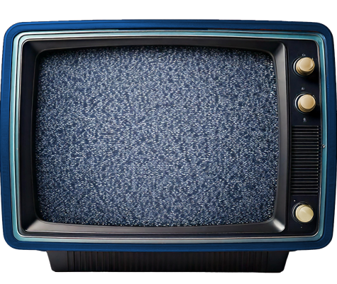 Old 60s style tv with blue casing and gold knobs and static screen.