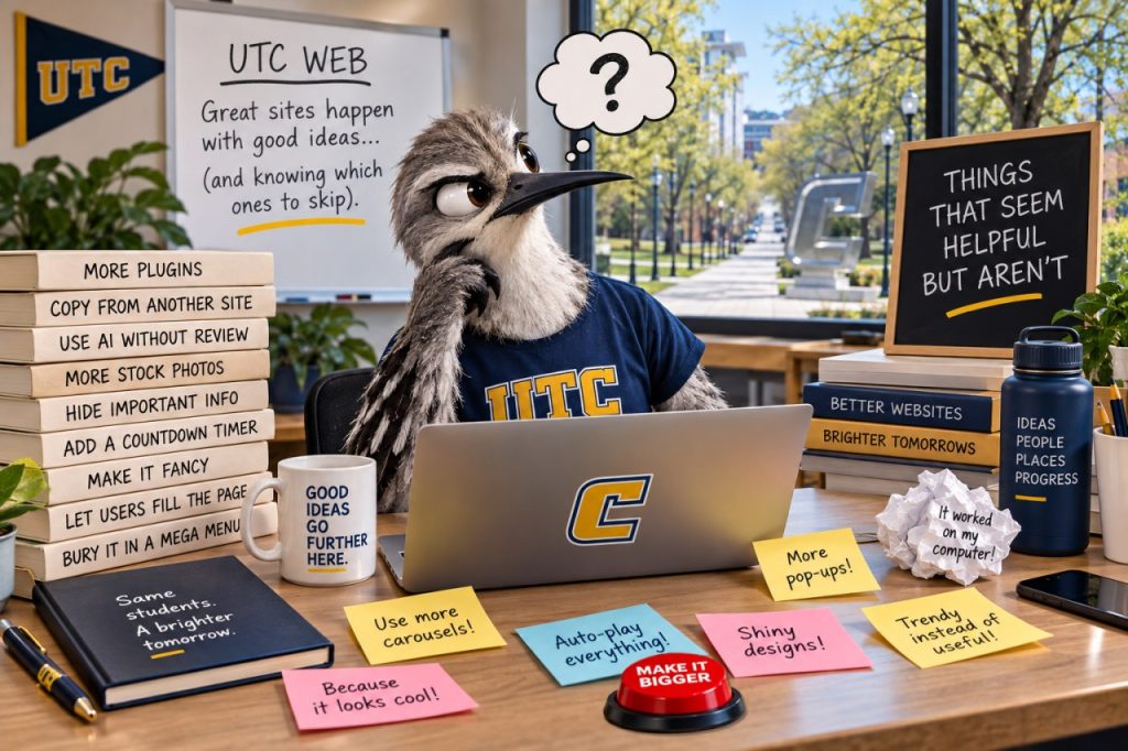 Mockingbird sitting at a cluttered desk with not so good ideas posted around him.