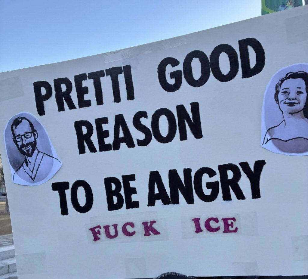 Anti-ICE protest sign at a January protest in Chattanooga. The sign says pretty good reason to be angry Fuck ICE.