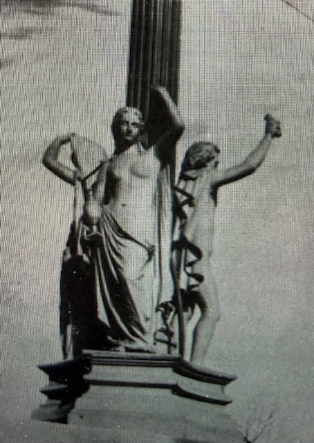 Morning, Noon and Night sculptures photographed at the TN Capitol in the early 20th Century. Each group of three five foot tall iron sculptures were attached to the Capitol's 24 porticoes. Photo courtesy of Tennessee State Capitol: Historic Structure Report.