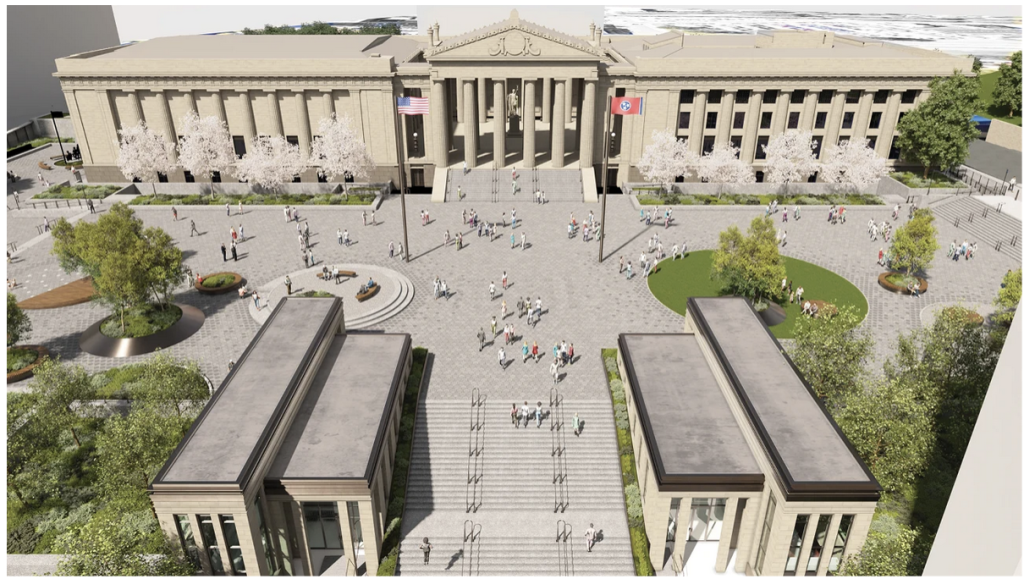 Overhead image of the Capitol Visitors Center based on renderings provided by EOA Architects + Centric Architecture from the Tennessee State Museum website, https://tnmuseum.org/Stories/posts/looking-back-and-looking-forward-the-100th-anniversary-of-the-war-memorial-building