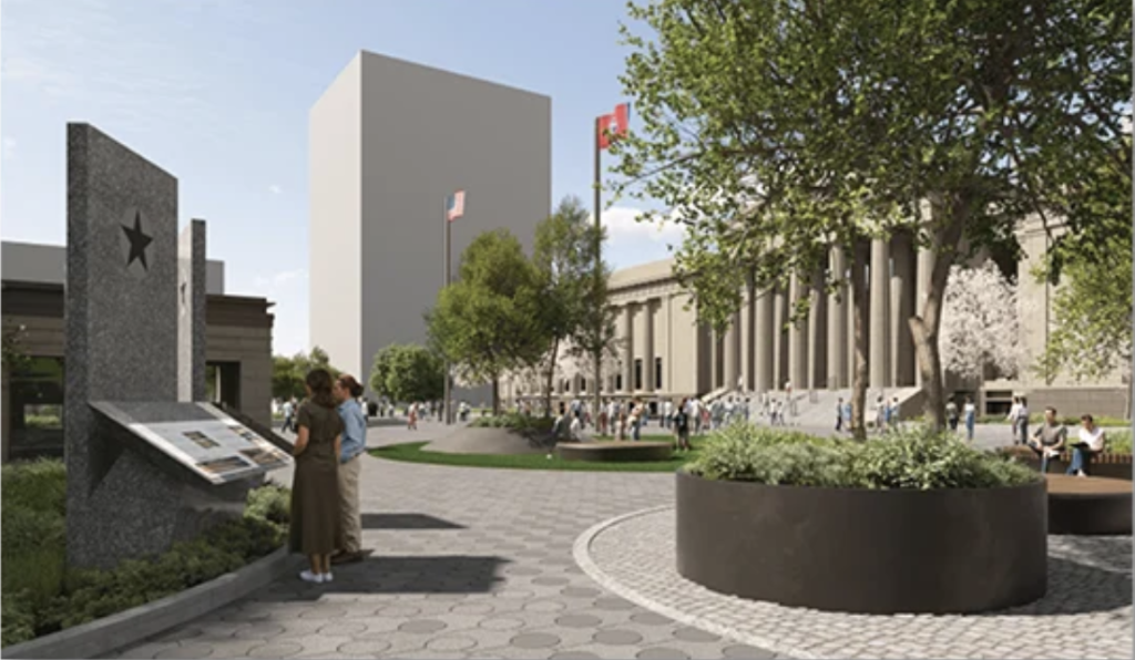 Street view drawing of the future Capitol Visitors Center based on renderings provided by EOA Architects + Centric Architecture from the Tennessee State Museum website, https://tnmuseum.org/Stories/posts/looking-back-and-looking-forward-the-100th-anniversary-of-the-war-memorial-building