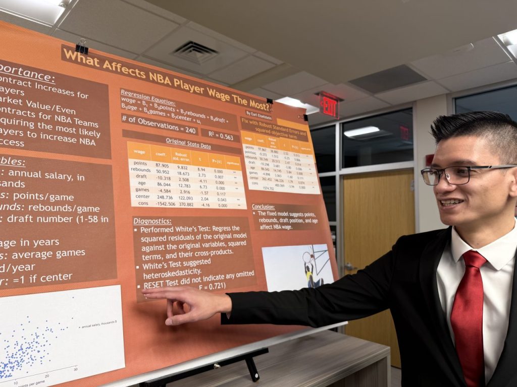 Business student Earl Eiselstein presents his report on NBA wages.