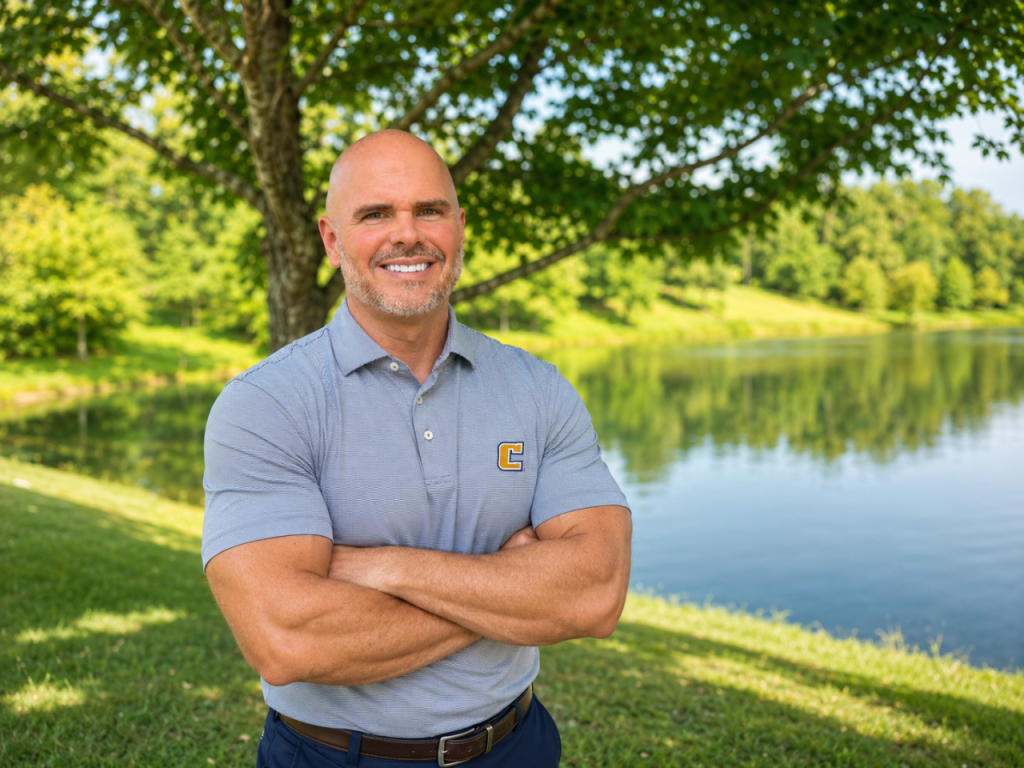 Trey White stands with his arms crossed by a pond smiling for the camera wearing a grey polo shirt bearing the Power C of UTC. 