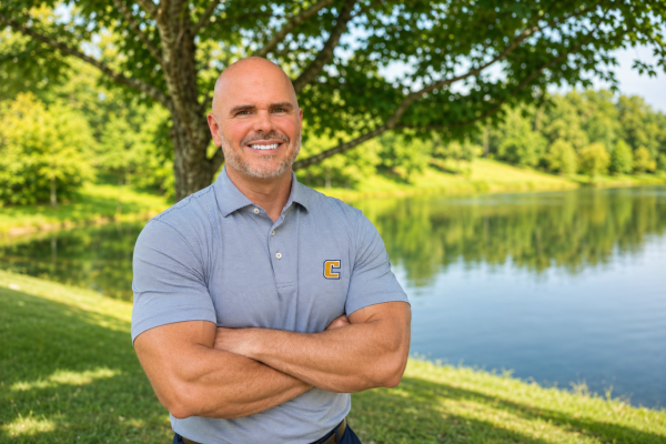 Trey White stands with his arms crossed by a pond smiling for the camera wearing a grey polo shirt bearing the Power C of UTC.