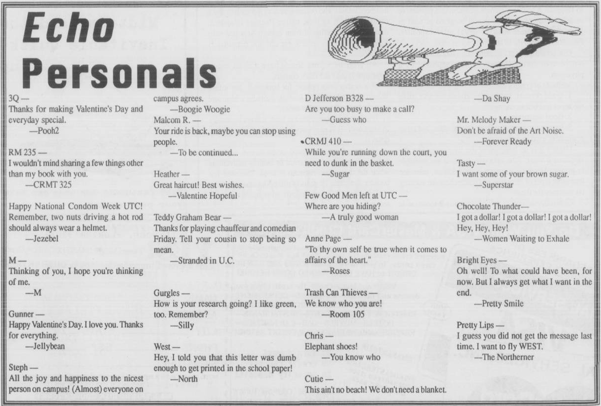 Echo Personals, University echo, Vol. 95, No. 20, University of Tennessee at Chattanooga Echo Student Newspapers, Special Collections, University of Tennessee at Chattanooga