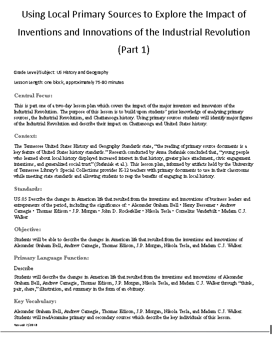 Lesson plan developed by Annie Dockery while interning in UTC's Special Collections.