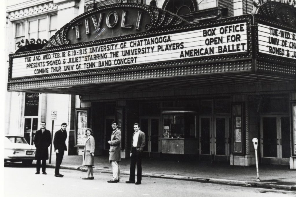 Tivoli Theatre marquee. The words on the marquee read: "TUE AND WED FEB. 18 & 19 815 UNIVERSITY OF CHATTANOOGA PRESENTS "ROMEO & JULIET" STARRING THE UNIVERSITY PLAYERS"