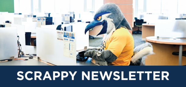 Scrappy is seen sitting at a computer working on an assignment