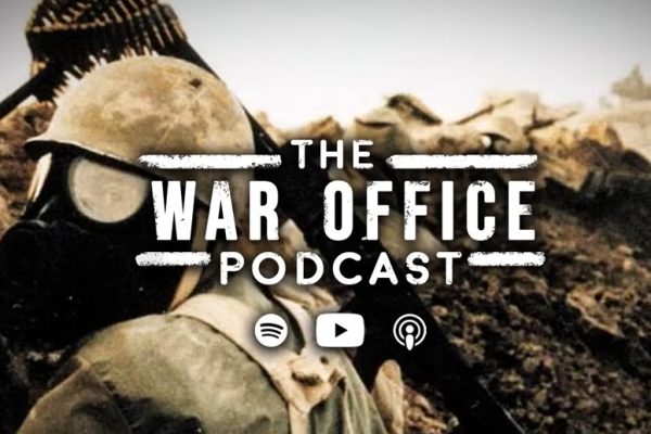 A picture of a podcast logo in front of a soldier
