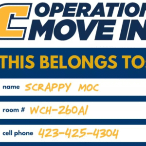 Operation Move In label sticker, including a Power "C" with text stating: "Operation Move In, This Belongs To: Name, Room Number, Cell Phone".