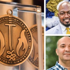 Composite graphic showing a University of Tennessee President’s Award medallion alongside portraits of Christopher Stokes and Dr. Erkan Kaplanoglu.