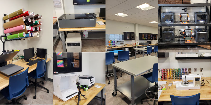 Several photos of different items offered within the Hatch It! Lab makerspace