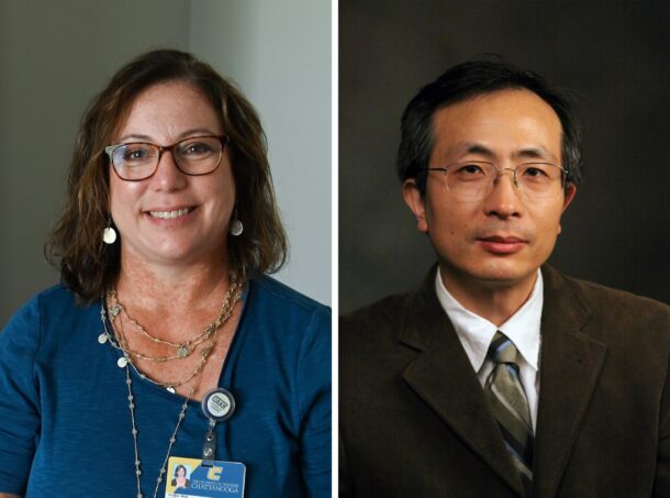 Among those receiving awards in July's ORSP report were Kristi Wick, left, and Hong Qin.