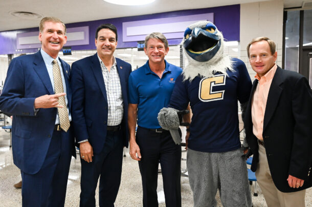 From left: Chancellor Angle, Tennessee Rep. Greg Martin, UT System President Randy Boyd, Scrappy and Jimmy Rodgers of the Summers, Rufolo and Rodgers law firm at the UT Promise event at Central High School.