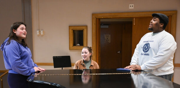 Brooke Harwell, left, Ashly Dilbeck and Isaiah Owens at a rehearsal for “The Sound of Music.” 