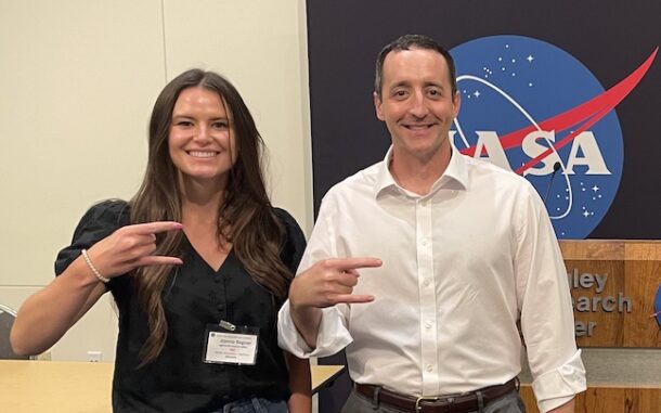 UTC alum Hanna Bogner and Guerry and UC Foundation Professor of Psychology Chris Cunningham crossed paths at the NASA 2023 Occupational Health Operational Update conference in Langley, Virginia (photo courtesy of Chris Cunningham).