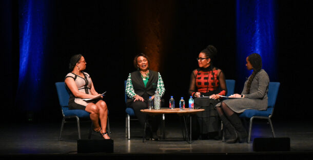 Vice Chancellor for Access and Engagement Stacy Lightfoot, left, Dr. Bernice King, Dr. Ilyasah Shabazz and Student Government Association President Chamyra Teasley
