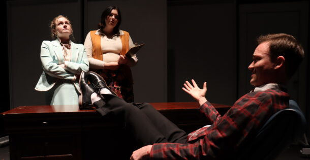 UTC students Pearson Smith (as Judy Bernly), left, Katie Mullins (as Violet Newstead) and Harrison Faulkner (as Franklin Hart Jr.) in the UTC Theatre Co. production of “9 to 5 the Musical.” Photo courtesy of UTC Theatre Co.