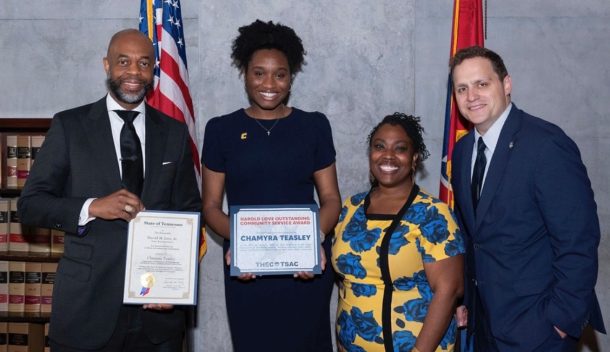 From left: Rep. Harold Love Jr., Chamyra Teasley, Tennessee Higher Education Commission Director of HBCU Success Brittany Mosby and THEC Executive Director Steven Gentile at the annual Harold Love Outstanding Community Service Award ceremony on Monday, April 29, at the State Capitol. Photo credit: Tennessee Photographic Services.